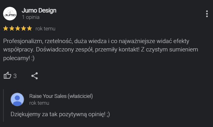 Opinia Google klienta marki Jumo o współpracy z Raise Your Sales